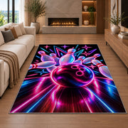Neon Bowling Rug in a living room with a fireplace