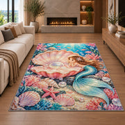Pearl Shell and Mermaid Rug in a living room with a fireplace