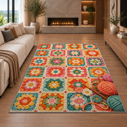Granny Square Rug in a living room with a fireplace