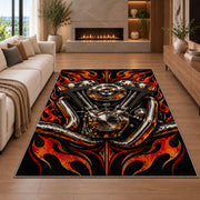 V-Twin Engine Flames Rug in a living room with a fireplace