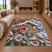 Winter Bird Feeder Rug in a living room with a fireplace