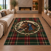 Tartan Horse Medallion Rug in a living room with a fireplace