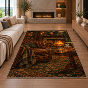 Man Cave Fireplace Rug in a living room with a fireplace