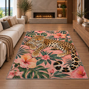 Leopard on Pink Hibiscus Rug in a living room with a fireplace