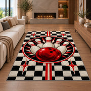 Checkered Bowling Rug in a living room with a fireplace