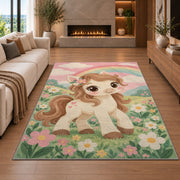 Cute Pony Nursery Rug in a living room with a fireplace