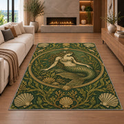 Vintage Engraved Mermaid Rug in a living room with a fireplace