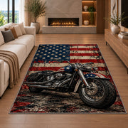 Motorcycle and American Flag Rug in a living room with a fireplace