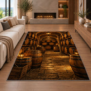 Stacked Barrels Cellar Rug in a living room with a fireplace