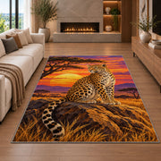 Leopard at Savanna Sunset Rug in a living room with a fireplace