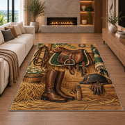 Saddle and Riding Boots Rug in a living room with a fireplace