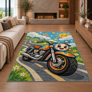 Cute Cartoon Motorcycle Kids Rug in a living room with a fireplace
