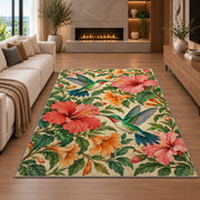 Hummingbirds and Hibiscus Rug in a living room with a fireplace
