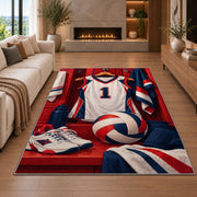 Volleyball Locker Jersey Rug in a living room with a fireplace