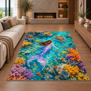 Coral Reef Mermaid Top View Rug in a living room with a fireplace