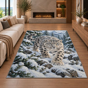 Snow Leopard in Pine Forest Rug in a living room with a fireplace