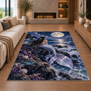 Mermaid Under the Moon Rug in a living room with a fireplace