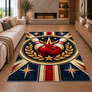 Classic Bowling Crest Rug in a living room with a fireplace