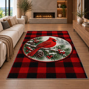 Cardinal Buffalo Check Rug in a living room with a fireplace