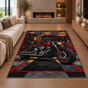 Motorcycle Garage Rug in a living room with a fireplace