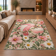 Volleyball and Wildflowers Rug in a living room with a fireplace