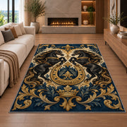 Heraldic Rearing Horses Rug in a living room with a fireplace