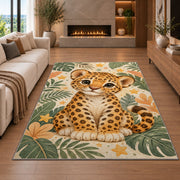 Cute Leopard Cub Nursery Rug in a living room with a fireplace