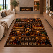 Home Bar Shelf Rug in a living room with a fireplace