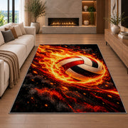 Flaming Volleyball Rug in a living room with a fireplace
