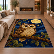 Owl and Full Moon Rug in a living room with a fireplace