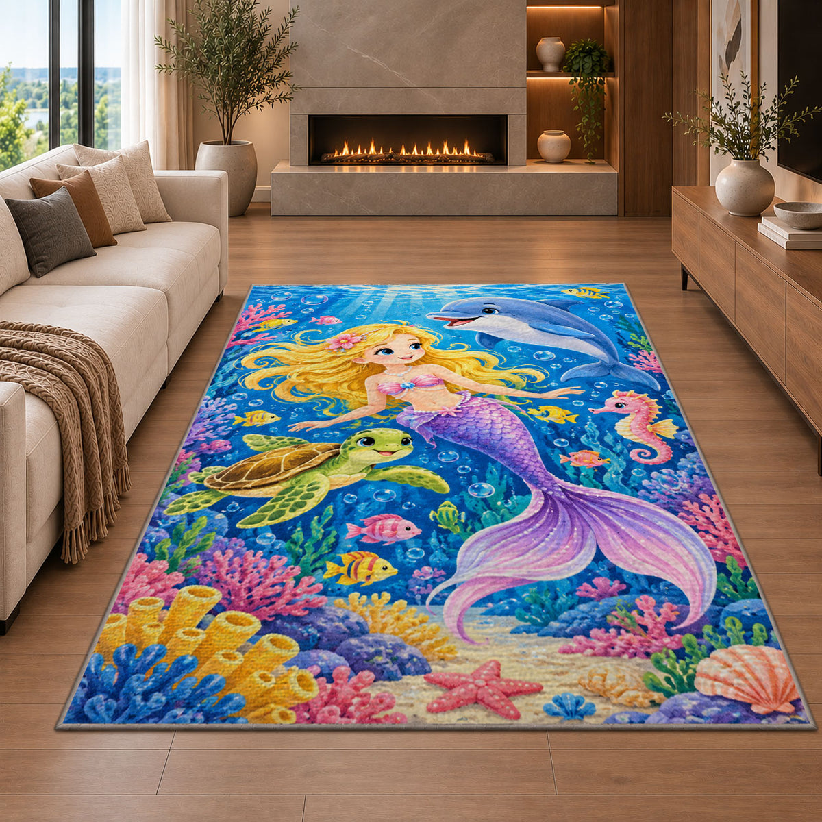 Mermaid and Ocean Friends Rug in a living room with a fireplace