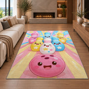 Cute Cartoon Bowling Pins Rug in a living room with a fireplace
