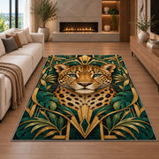 Art Deco Leopard Rug in a living room with a fireplace