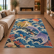 Japanese Wave Mermaid Rug in a living room with a fireplace