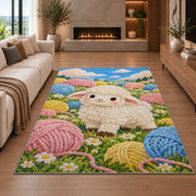 Sheep and Yarn Balls Rug in a living room with a fireplace