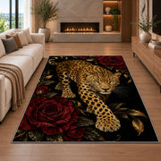 Leopard on Black with Roses Rug in a living room with a fireplace
