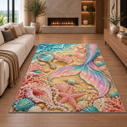 Mermaid Tail and Vanity Shells Rug in a living room with a fireplace