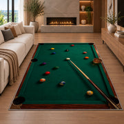 Billiards and Whiskey Rug in a living room with a fireplace