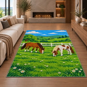 Horses Grazing by Fence Rug in a living room with a fireplace