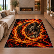 Flaming Motorcycle Wheel Rug in a living room with a fireplace