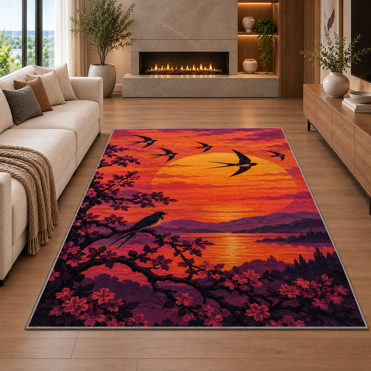 Birds at Sunset Rug in a living room with a fireplace