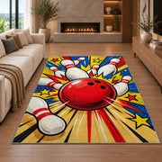 Pop Art Bowling Rug in a living room with a fireplace