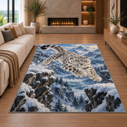 Leaping Snow Leopard Rug in a living room with a fireplace