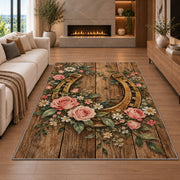Horseshoe and Roses Rug in a living room with a fireplace
