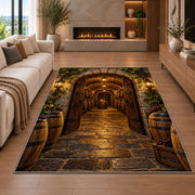 Stone Arch Cellar Rug in a living room with a fireplace