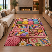 Crochet Supply Box Rug in a living room with a fireplace