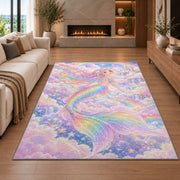 Rainbow Mermaid Rug in a living room with a fireplace