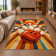 Retro 70s Stripes Bowling Rug in a living room with a fireplace