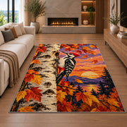 Woodpecker on Birch Rug in a living room with a fireplace