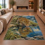 Leopard Drinking at Lake Rug in a living room with a fireplace